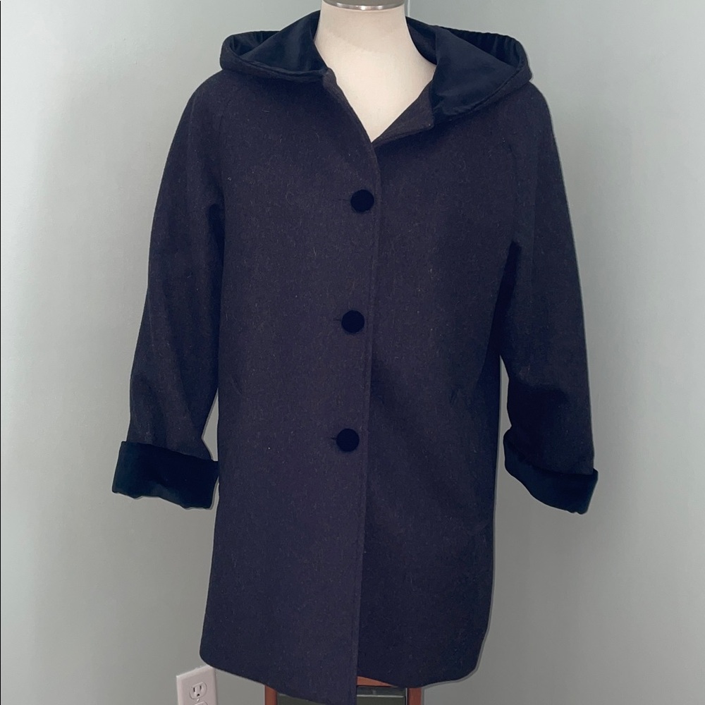 Charles Klein Black Hooded Wool Pea Coat w Velvet Trim , Buttons & Hood.  2X